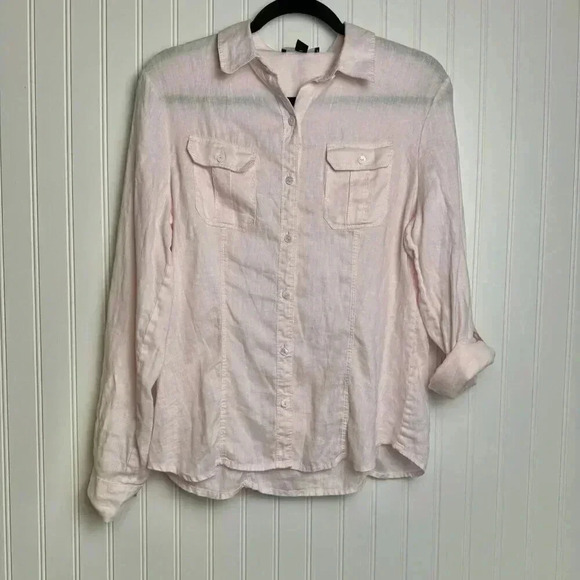 Saks Fifth Avenue pink Linen button up long sleeve size medium C40 - Picture 1 of 6